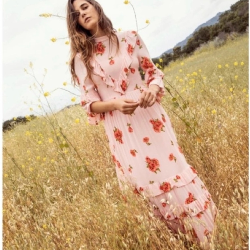 Christy Dawn Pink Floral Ruffle Sheer Maxi Dress Size Small